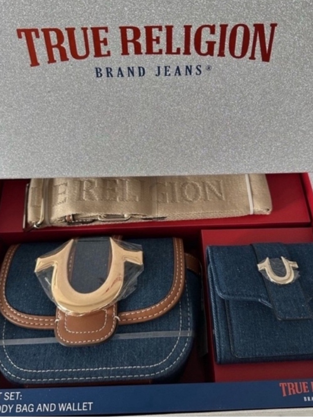 True Religion Denim Crossbody Bag and Wallet with Tan Trim